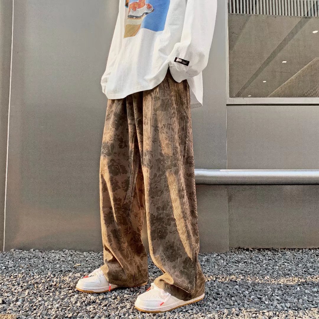美式ins潮牌高街休闲裤男宽松直筒阔腿裤春季日系复古灯芯绒裤子