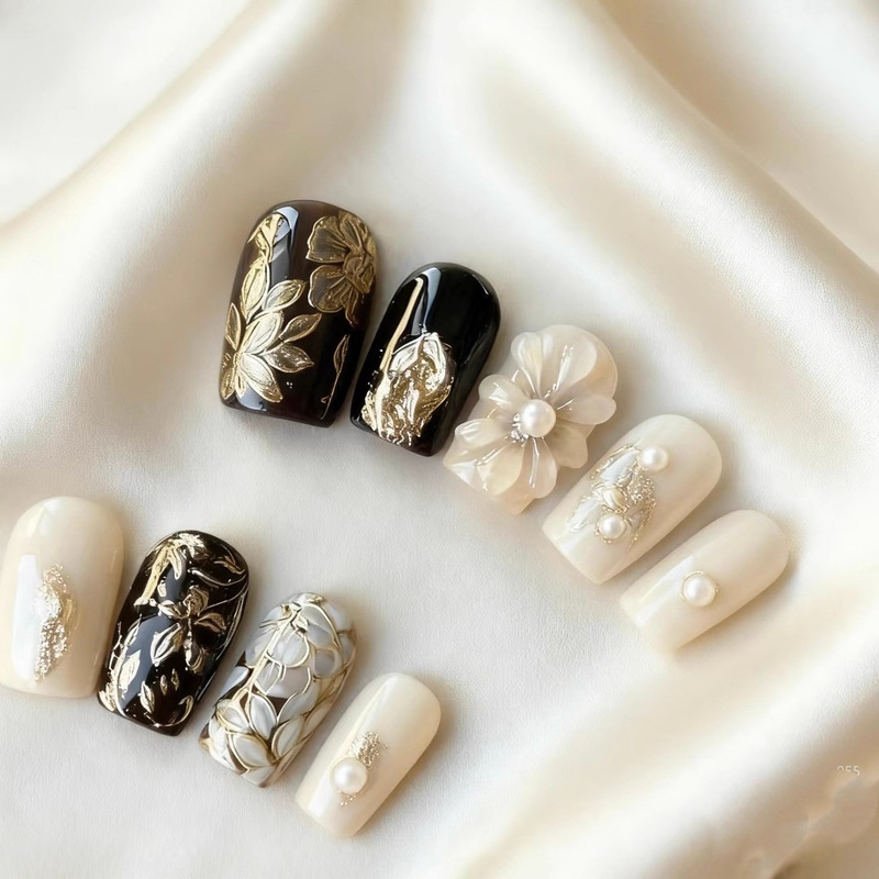 [Made in Shenzhen] Black Gold Flower Pure Handmade Wearable Manicure Whitening Removable and Reusable Manicure Pieces