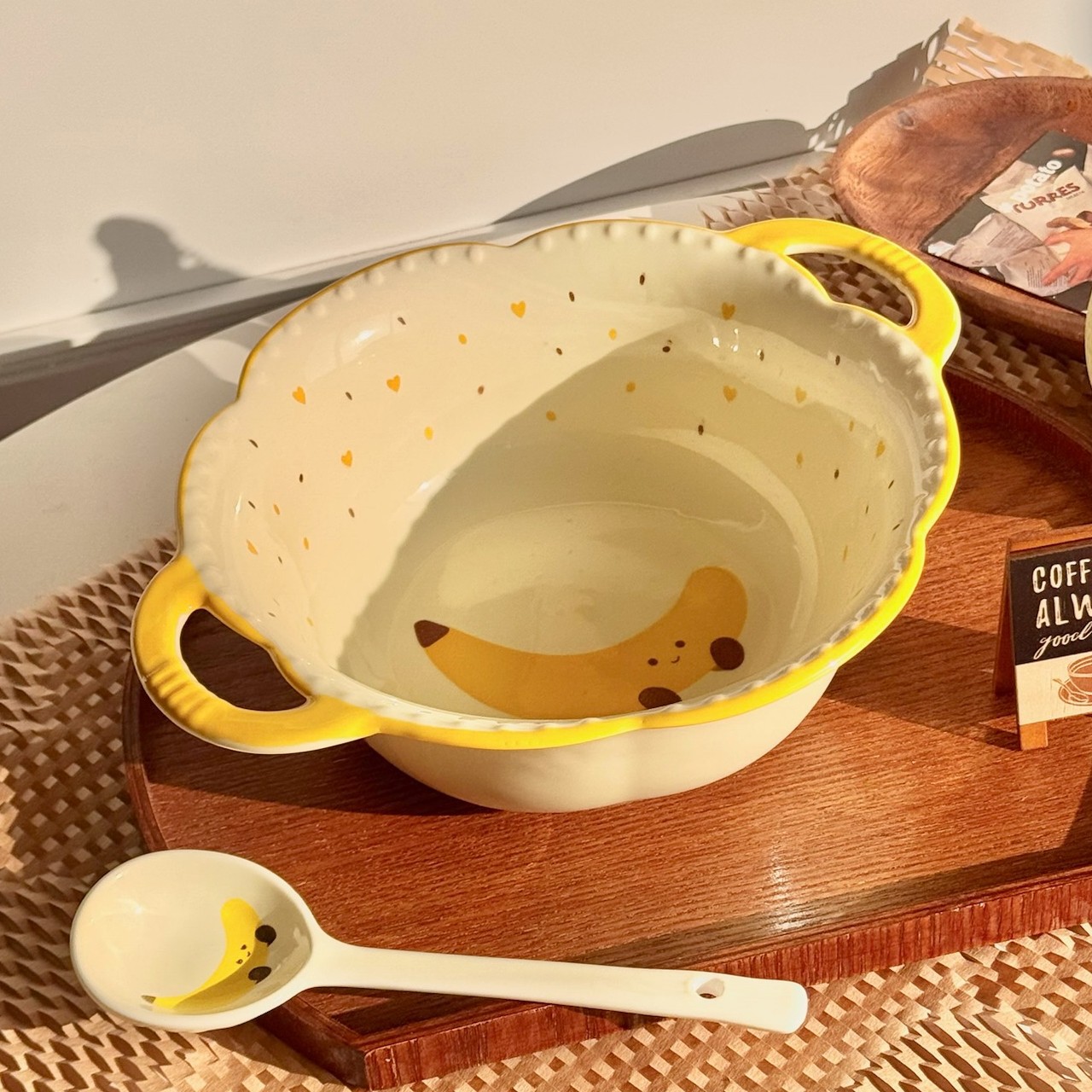 [2-piece croissant set] 8.5-inch double-ear large soup bowl + croissant spoon