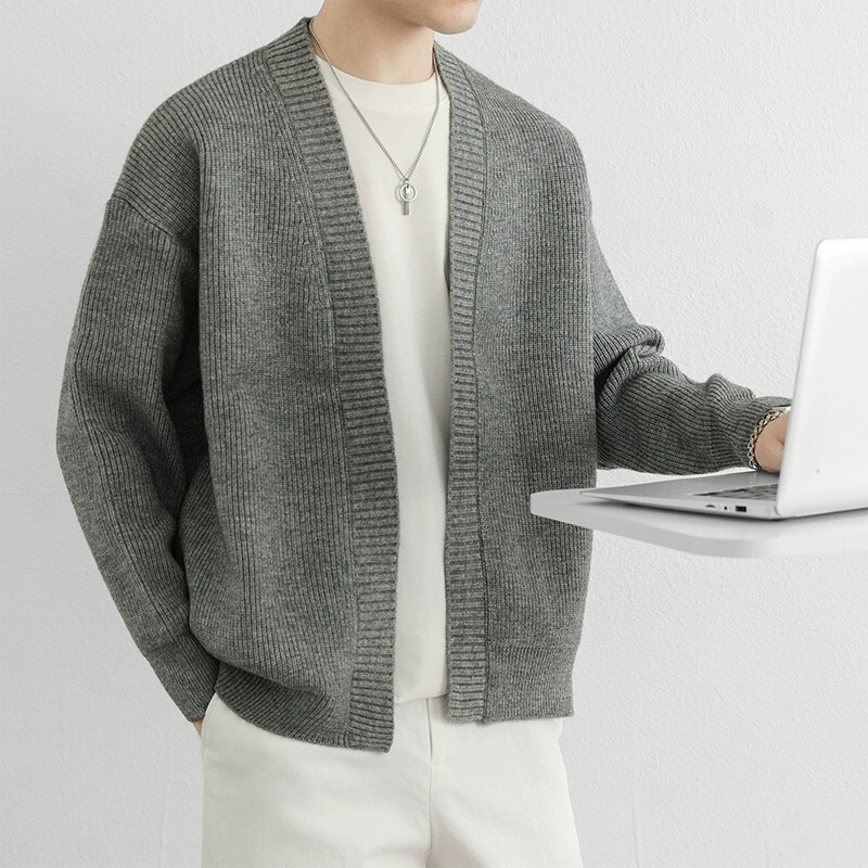 Heavyweight Retro Knitted Cardigan Jacket for Men, Spring and Autumn American Style Trendy Brand, Simple Old Money Style Sweater Jacket