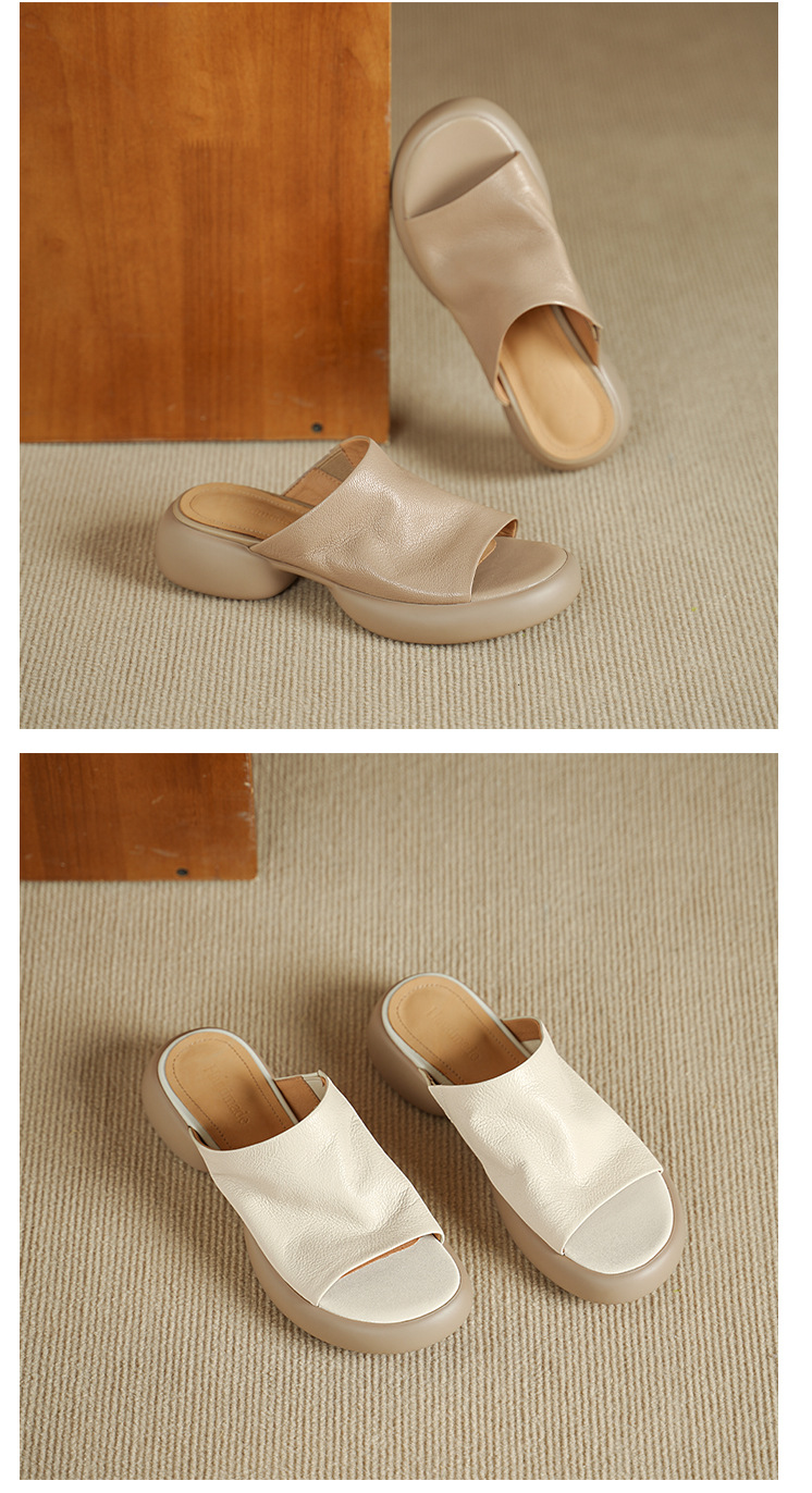 Sandal nữ hở mũi gót thấp đế dày 4cm da dê — màu trắng ngà chi tiết 10