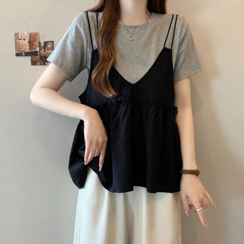 Plus-Size Women's Fashion Design That Hides the Belly, Layered Short-Sleeve T-Shirt for Women, Summer Loose Fit, Slimming Babydoll Top for Chubby Women Plus-Size Women's Fashion Design That Hides the Belly, Layered Short-Sleeve T-Shirt for Women, Summer Loose Fit, Slimming Babydoll Top for Chubby Women