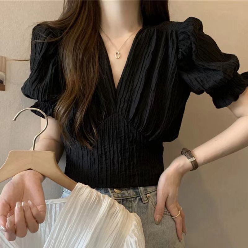 ホワイトVネック半袖Tシャツ夏ショートハイウエスト右肩ウエスト痩せドーパミンホットガールパフスリーブフレンチトレンド|undefined