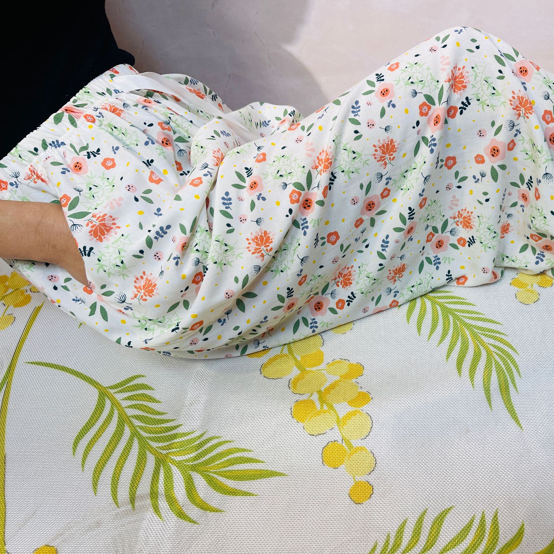 면 바지-살구색 꽃 (더블 포켓)