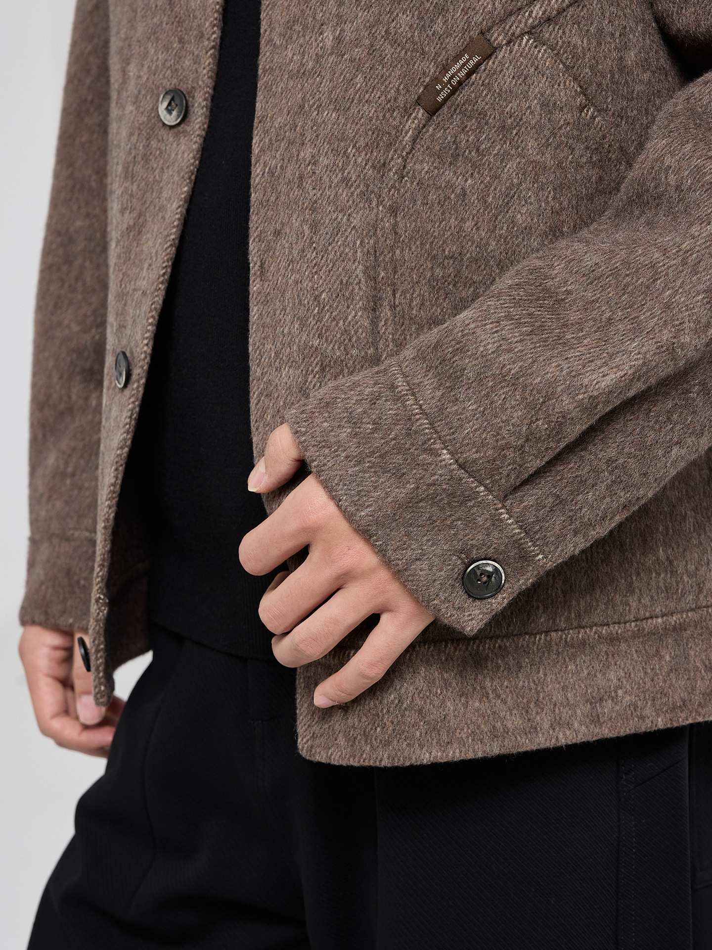 Áo khoác len nam hai mặt chất liệu merino, kiểu dáng handmade, phong cách mới — màu đen
