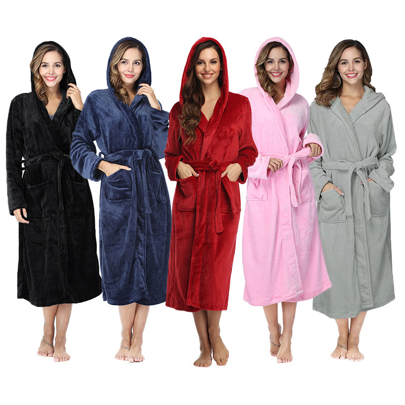 Cross-border Pure Color Large Size Hooded Nightgown Home Clothes Hotel Autumn and Winter Pajamas Extended Flannel Couple Bathrobe