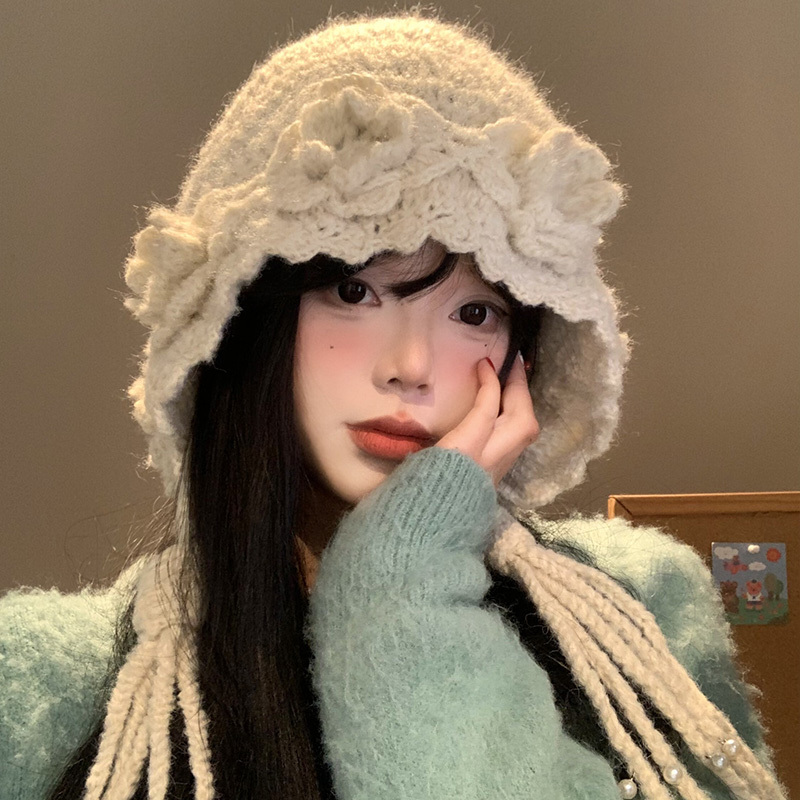 立体花朵手工针织帽女秋冬韩系显脸小珍珠流苏毛线帽保暖包头帽子|undefined