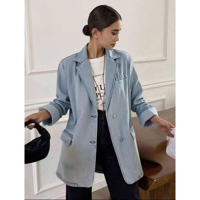 Cross-border European and American washed distressed denim blazer jacket with a turn-down collar, loose fit, mid-length, casual and stylish top for women Cross-border European and American washed distressed denim blazer jacket with a turn-down collar, loose fit, mid-length, casual and stylish top for women