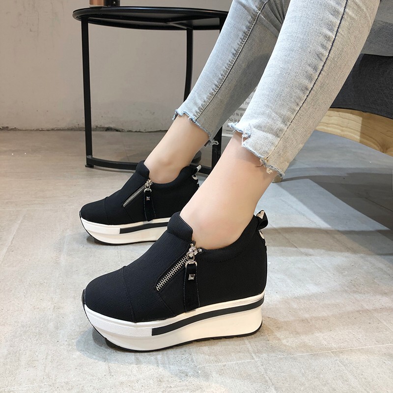 Thick-Soled Fashionable Casual Canvas Shoes 2025 New Round Toe Side Zipper High-Heeled Platform Low Shoes