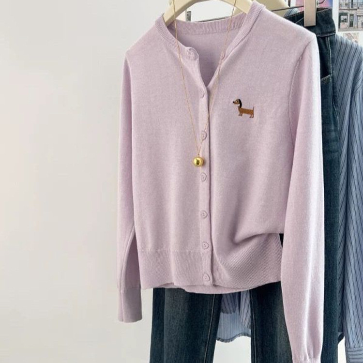 Light Purple Knitted Cardigan 2025 Autumn and Winter New Korean Style Puppy Embroider Design Loose Short Long-Sleeved Top