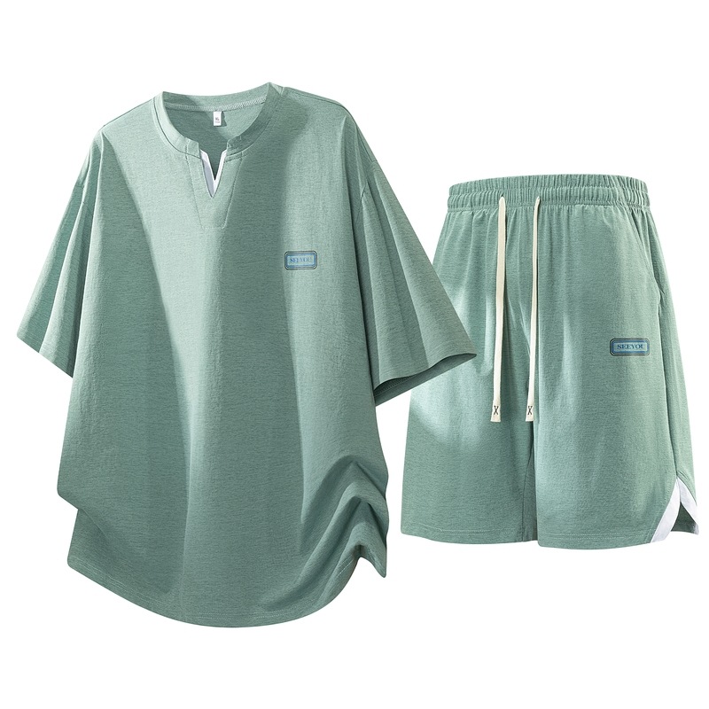 2026 New American Textured Trendy Brand V-Neck Short-Sleeve T-Shirt and Cool Shorts for Men, Summer Wear