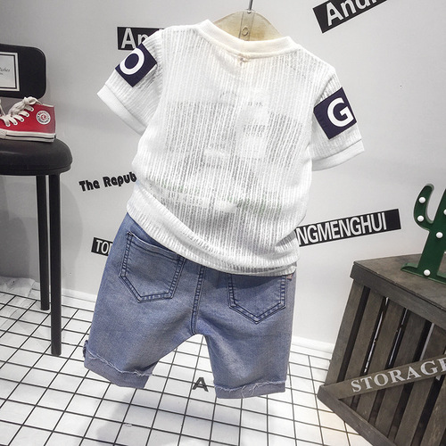 Boys' Short Sleeve T-Shirt  Summer New Korean Style Hollow Upfit Children's Casual Short Sleeve 68011 Shorts Set