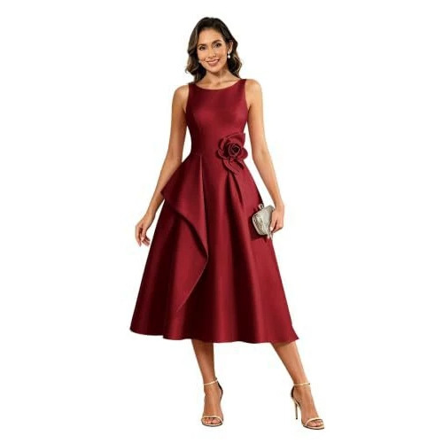 European and American international satin dress with three-dimensional floral detailing, waist-cinching, suitable for cocktail parties, weddings, and receptions, mid-length evening gown for women European and American international satin dress with three-dimensional floral detailing, waist-cinching, suitable for cocktail parties, weddings, and receptions, mid-length evening gown for women
