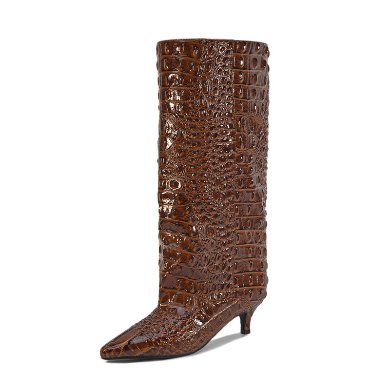 European and American Foreign Trade Kitten Heel Knee-High Wide-Leg Boots for Women, Fashion Crocodile Leather Pointed Toe Party Boots