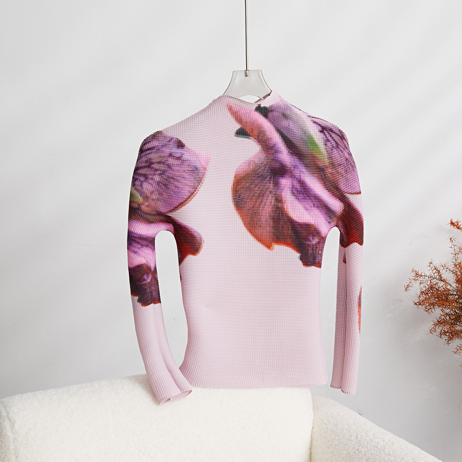 Women's Pleated Skirt Set - Floral Print Top & Long Pleated Skirt - Japanese-Inspired Casual Outfit (Purple/Pink/Dark Green/Gray, Sizes 78-90cm)_ecoleips.com