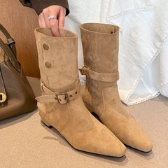 复古绒面尖头骑士靴女废土风皮带扣粗跟短靴高级感显瘦两穿西部靴