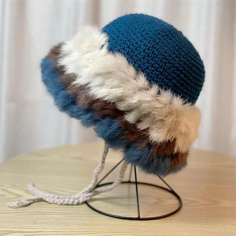 Stickad bøllehatt i kaninpäls för kvinnor höst och vinter_voghion.com