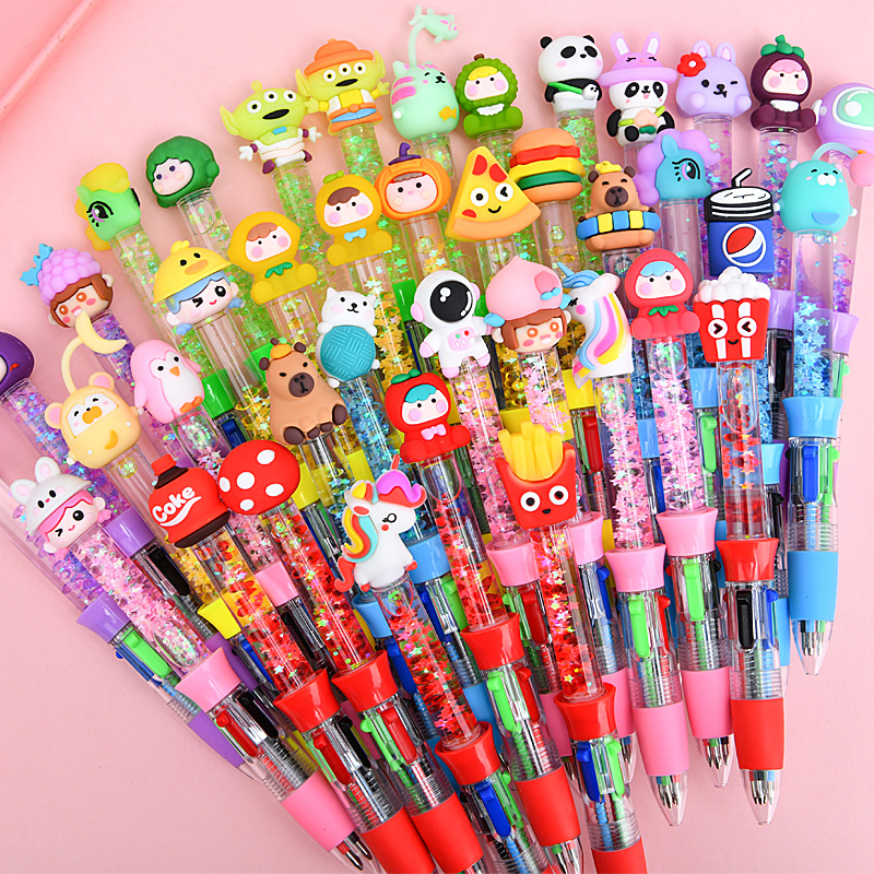 Nuevos dibujos animados creativos de arena flotante de cuatro colores bolígrafo adorable bolígrafo de mano pulsar bolígrafo de color estudiantes papelería al por mayor