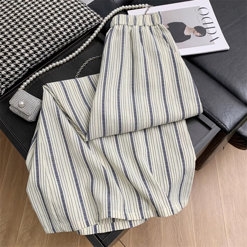 chubby girl 150.00kg Wearing plus size Pajama Pants Wide Leg Pants Women's Striped Spring and Autumn Loose Lazy Style Outer Wearing Walking Pants