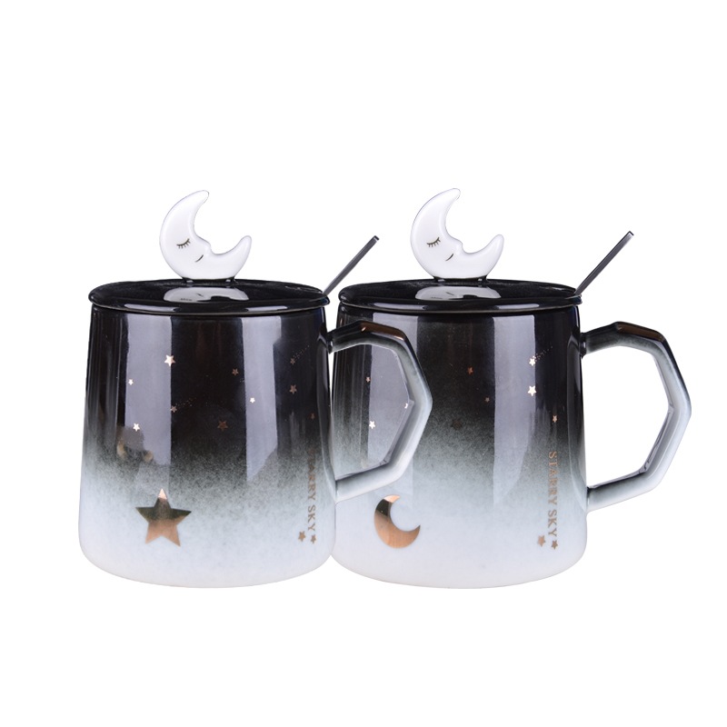 Luna estrellada personalizada taza de dibujos animados Estilo nórdico regalo cerámica café con tapa cuchara Oficina agua