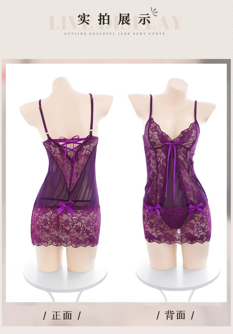 Purple Lace Babydoll Lingerie Set with Thong, Sheer Mesh Nightdress — detail image 16