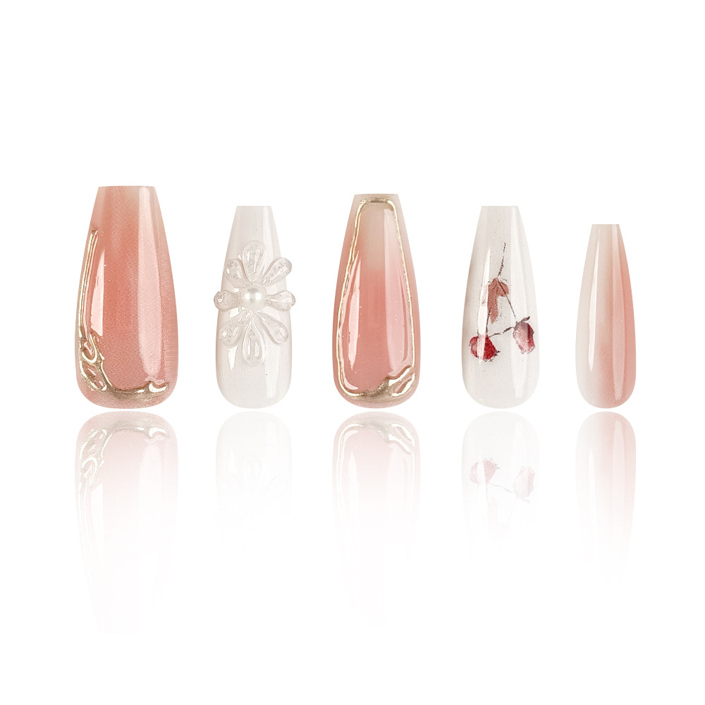 3D polvo estereoscópico rosa blanca manicure ballet manicure elegante suave perforación de uñas 24 piezas parches de uñas de oro de licor