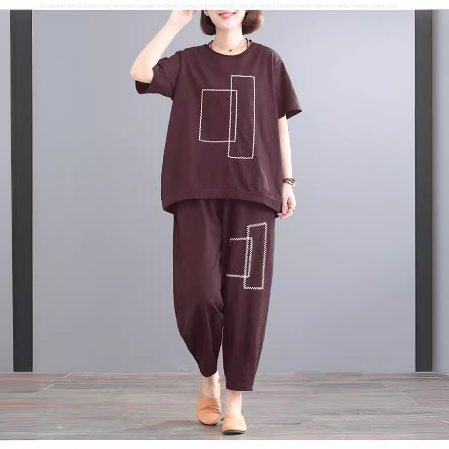 2021 Summer Loose-fitting Trendy Women's Summer Suit - Slimming, Casual, Versatile, Sports Short-sleeved Two-Piece Set