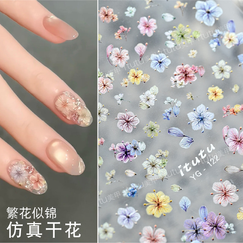 Itutu Spring Blooming High Artificial Dried Flower Micro-Relief Nail Art Stickers Small Floral Vitality Nail Stickers 122