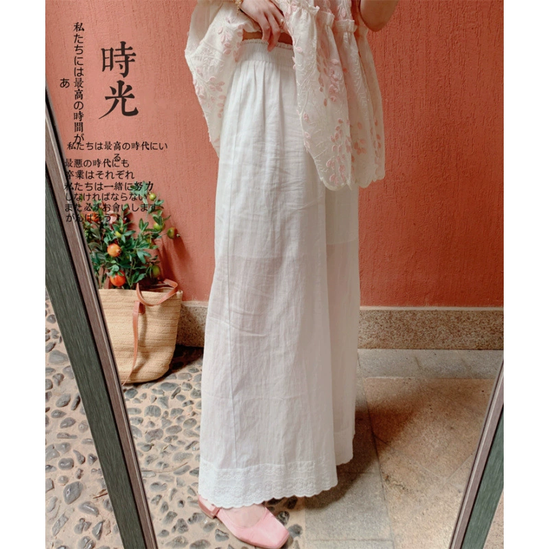 Спотовые японские литературные кружевные кружевные белые рамные широкие брюки свободные ленивые хлопчатобумажные брюки женские