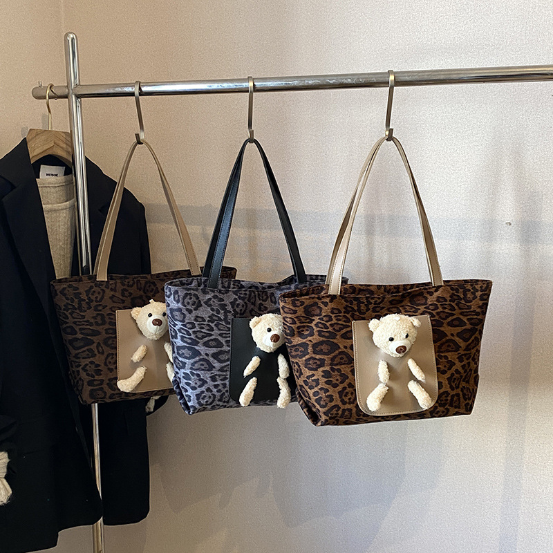 Retro estampado de leopardo de gran capacidad bolsa de tela Tote otoño-invierno muñeca oso lindo viaje bolso de hombro bolso de moda