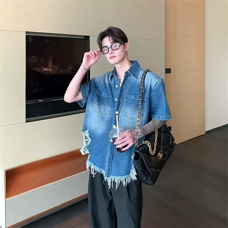 Denim Short-Sleeved Shirt for Men, Summer Thin Casual Shirt, Loose Large Size Half-Sleeved Japanese Style Clothing