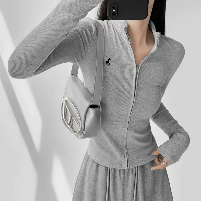 Женская винтажная однотонная блузка цвета чая с двойной молнией и воротником-стойкой, осенне-зимняя приталенная рубашка с длинным рукавом и вышивкой, элитная базовая модель.