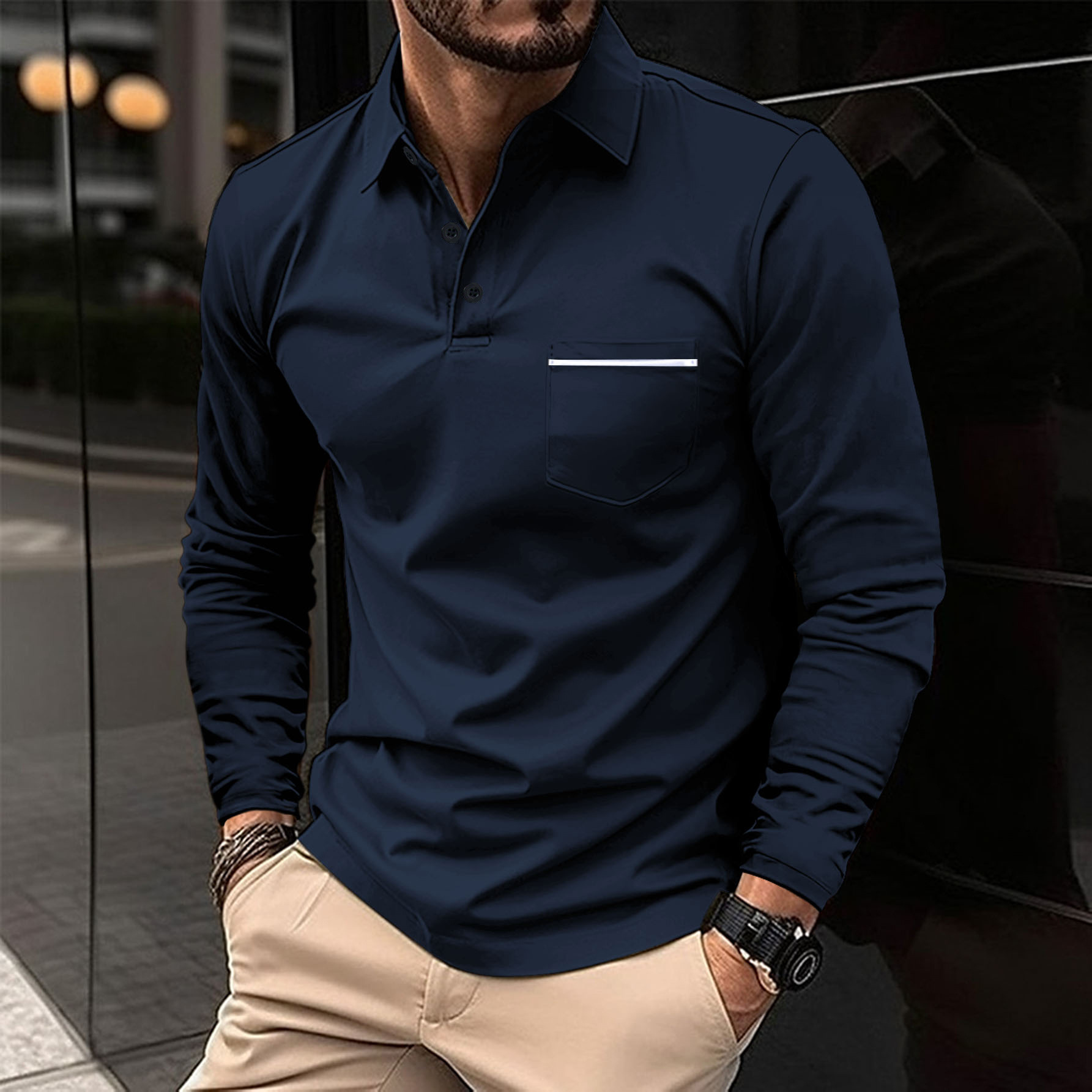 2024 Spring Long Sleeve V-neck Button Pocket Men's Casual Top_voghion.com