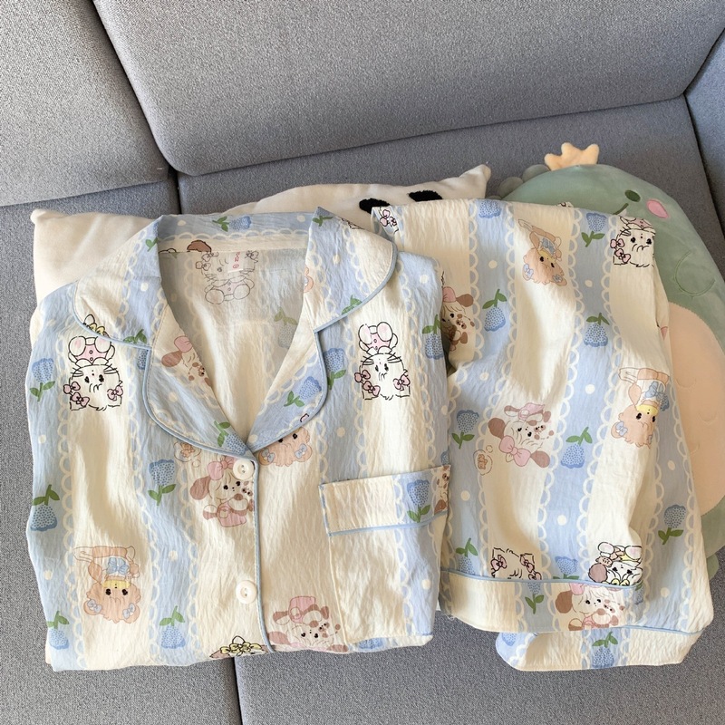 扎染条纹云朵纯棉纱睡衣女春秋季长袖简约可外穿开衫家居服夏套装|undefined