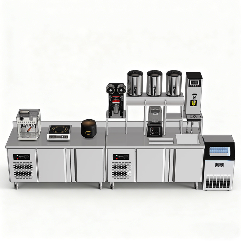 Bar de agua, mesa de operación comercial de té de leche, mesa de trabajo de refrigeración de acero inoxidable, gabinete integrado, bar de cafetería, conjunto completo de personalización