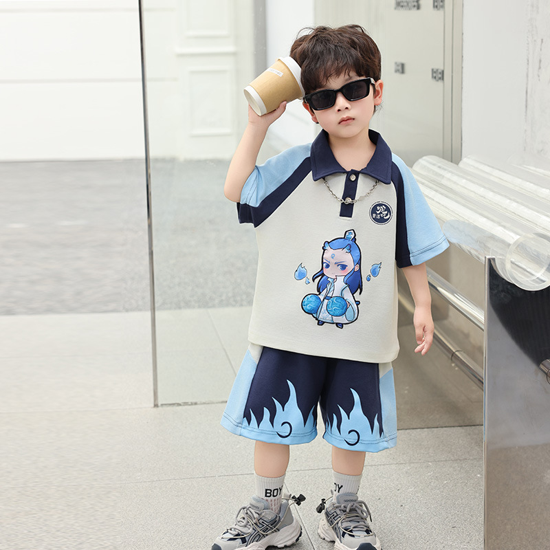 7406 Traje de verano para niños, Nezha para niños, ropa de mar Ao Bing, traje de dos piezas de polo de manga corta a juego
