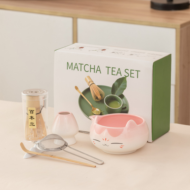 Cross-Border Wholesale Cute Cat-Ear Matcha Bowl Set Pink Five-Piece Set Japanese Tea Whisk Stand Matcha Tea Making Tools Cross-Border Wholesale Cute Cat-Ear Matcha Bowl Set Pink Five-Piece Set Japanese Tea Whisk Stand Matcha Tea Making Tools
