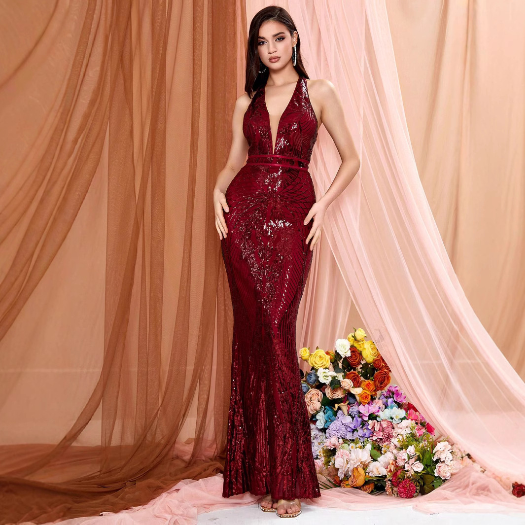 新款时尚性感双肩V领连衣裙跨境优雅派对晚礼服酒红色敬酒服