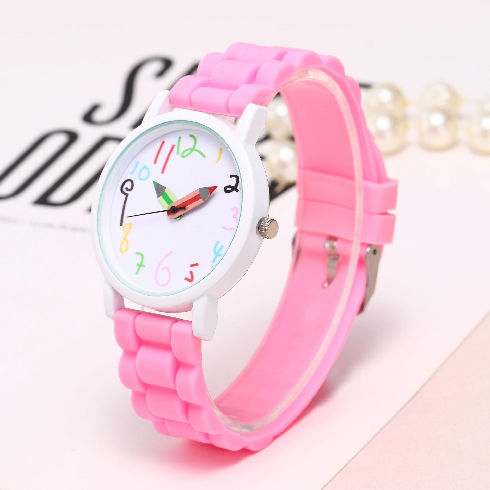 Orologio al quarzo con cinturino in silicone color gelatina da donna con matita digitale Cartoon_voghion.com