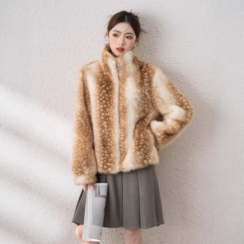 2025 Autumn and Winter New Leopard Print Fur Fashion Environmentally Friendly Stuffed Jacket Women's North American Deer Dot Pattern Jacket
