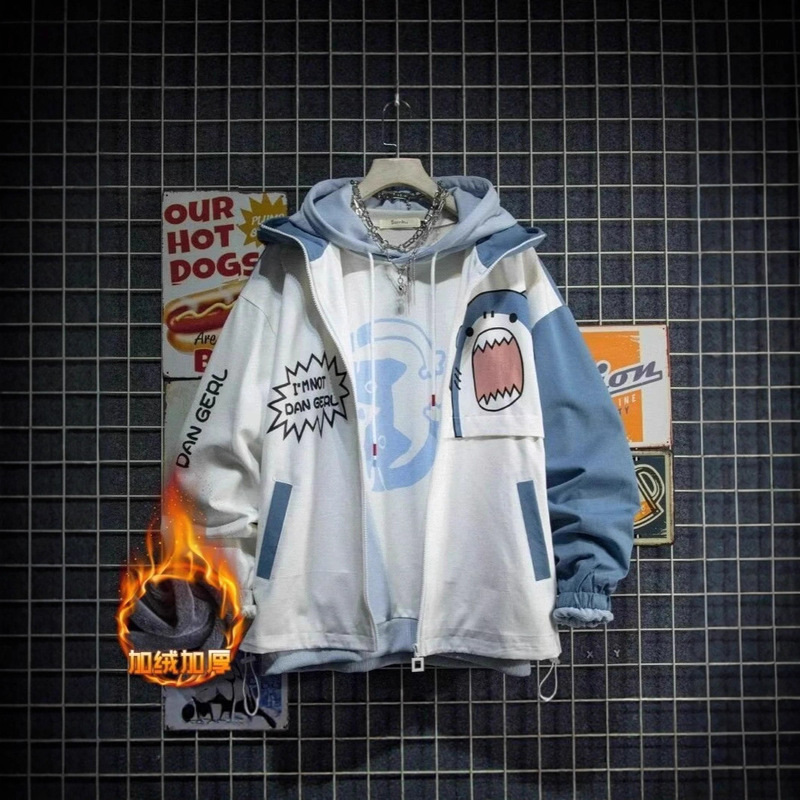 2025 Trendy Brand New Color Matching Shark Monster Jacket Men's Korean Style Loose Youth Hooded Jacket