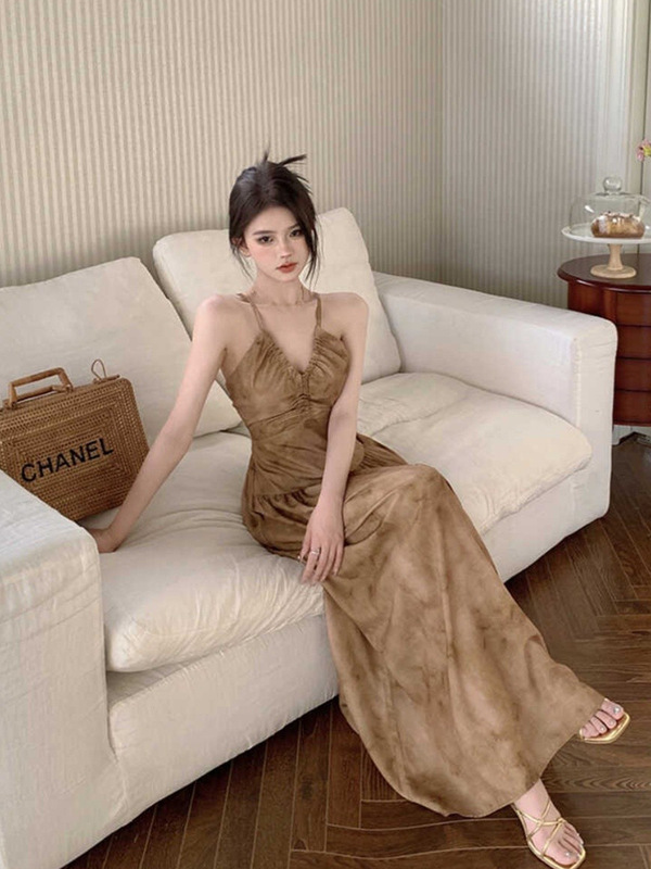 New Chinese Style Halterneck Suspender V-Neck Dress for Women Summer Backless Waist Sexy Long Skirt Pure Lust Coffee Color A-Line Skirt