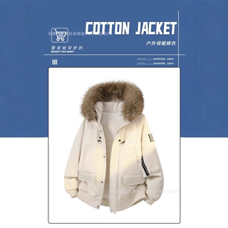 25冬装新款美式大毛领连帽棉衣男士宽松加厚工装棉服外套派克夹克