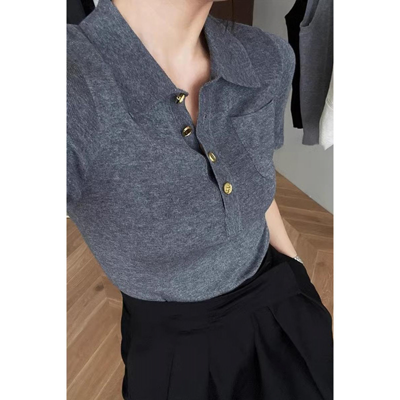 French Grey High-end Elegant Short-sleeved Shoulder Polo Collar T-shirt Top Women's Summer 2024 New Knitted Shirt French Grey High-end Elegant Short-sleeved Shoulder Polo Collar T-shirt Top Women's Summer 2024 New Knitted Shirt