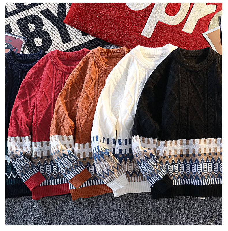 Herren-Langarm-Strickpullover, lässig, locker geschnitten, Rundhalsausschnitt, Polyester-Kaninchenwollmischung, Herbst-Winter-Mode mit Emblem-Design_voghion.com