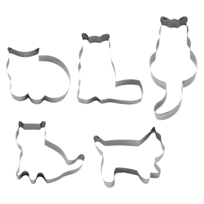 Fábrica al por mayor de acero inoxidable gato cookie mousse anillo molde 5-pieza DIY impresión hornear morir herramienta