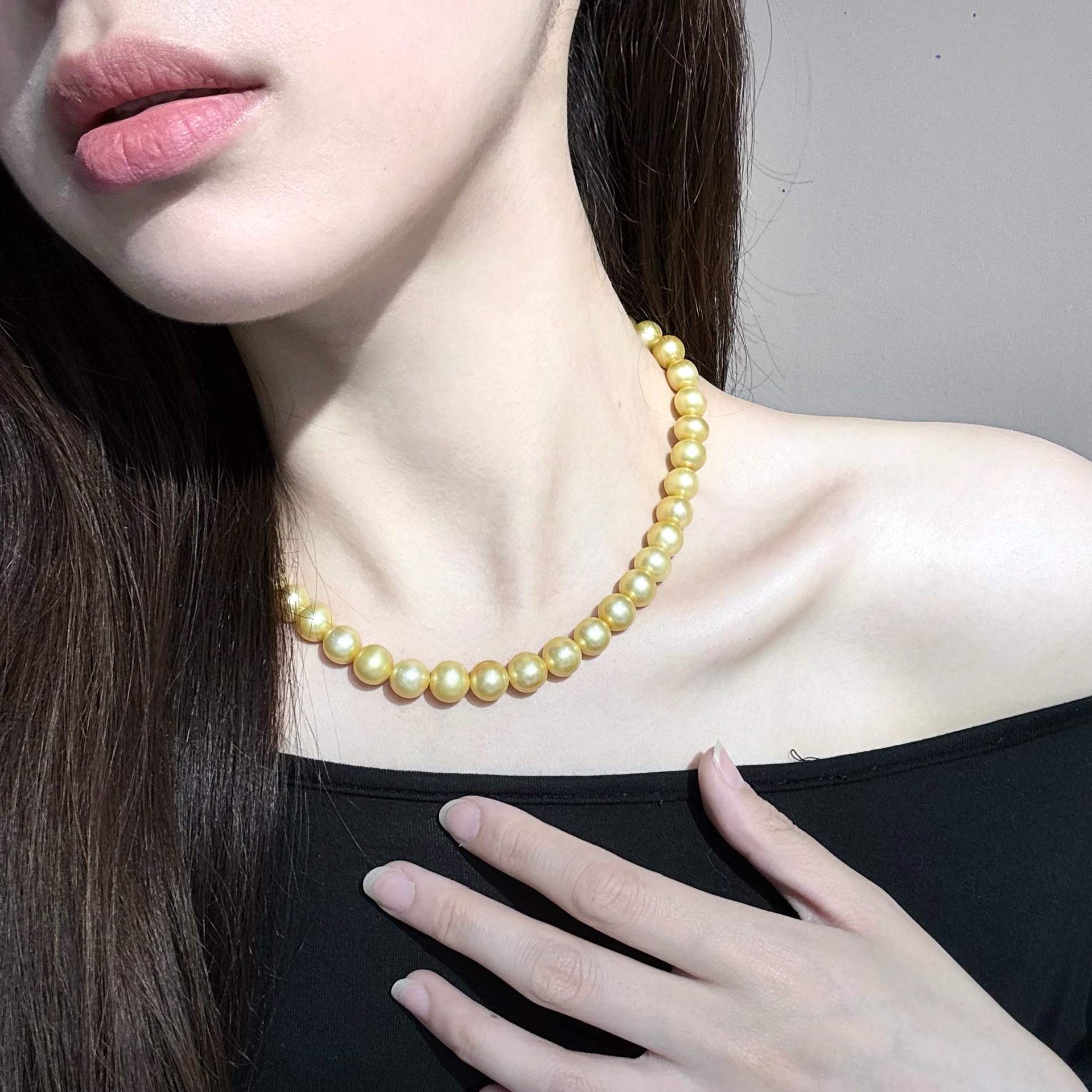 天然珍珠项链 9-10mm淡水南洋金珠颈链近圆金色媲美海水金珠