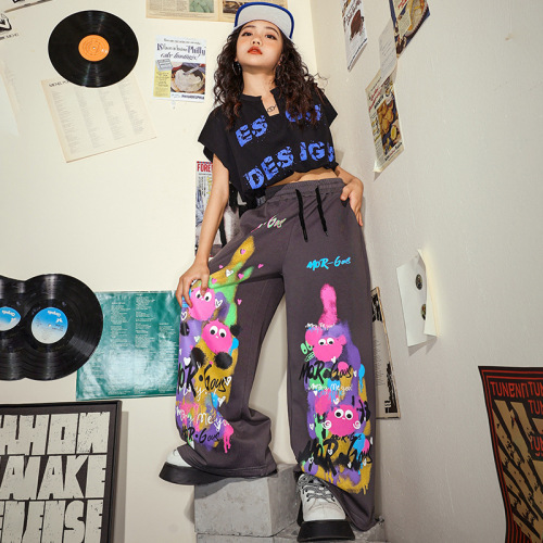 Children's Summer Jazz Dance Practice Pants Set with Dopamine Graffiti Design, Suitable for Young Girls' Jazz Performance Outfits