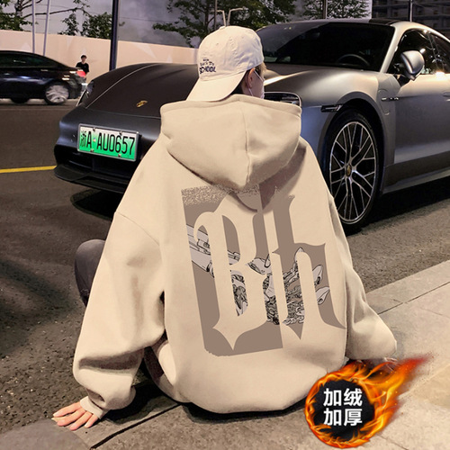 Men's Vintage Hooded Sweatshirt with Padded Inner for Autumn/Winter, American Style Heavyweight High Street Ins Trendy Brand Loose Outerwear with Chinese Style