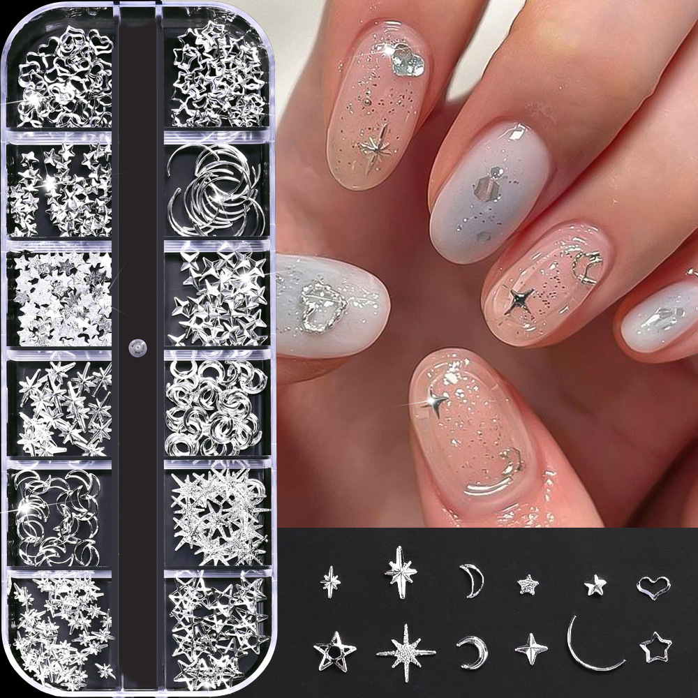 Explosiones transfronterizas de 12 grados mezclados oro y plata joyas de manicuría de perlas estrella y luna accesorios de decoración de uñas metálicas